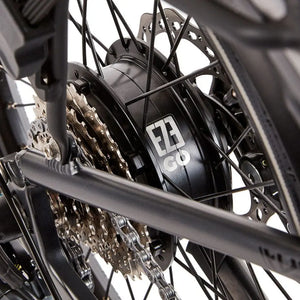 Detail shot of the 250W rear hub motor and cassette on the EZEGO Fold electric bike wheel.
