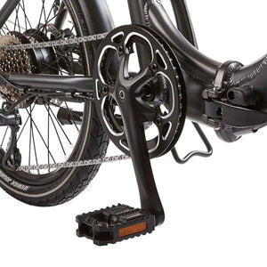 Detail view of the main frame folding hinge mechanism and crankset on the EZEGO Fold electric bike.