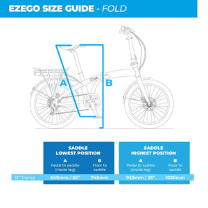 Technical size guide diagram and frame geometry chart showing saddle height and leg measurements for the EZEGO Fold electric bike.