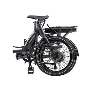 Side view of the EZEGO Fold electric bike folded down compactly for easy storage and transport.