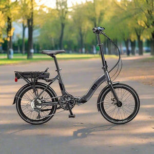 EZEGO Fold Low Step electric folding bike standing on a path in a park with a golden sunset background.