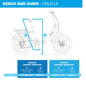 Technical size guide diagram and frame geometry chart specifically for the EZEGO Fold Low Step electric bike.