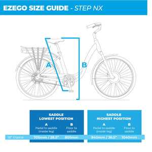 Technical size guide and frame geometry chart for the EZEGO Step 700 Special Edition electric bike showing saddle height and inside leg measurements.