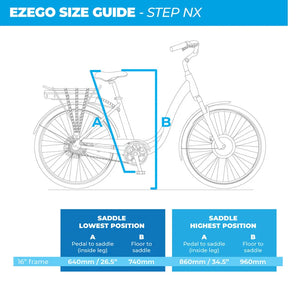 Technical size guide diagram and frame geometry chart specifically for the EZEGO Step NX electric bike.