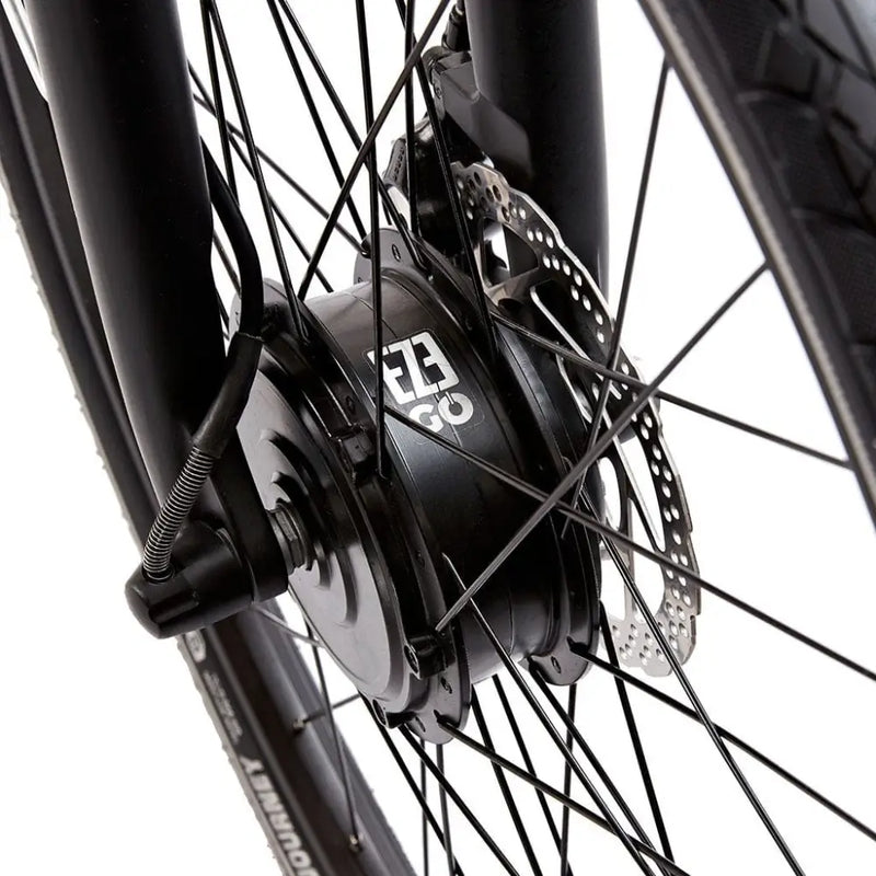 Close-up of the EZEGO branded 250W front hub motor on the Step NX electric bike wheel.