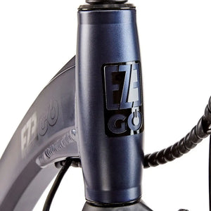 Front view of the EZEGO badge on the headtube of the metallic blue Step NX electric bike frame.