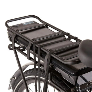 Close-up of the rear luggage rack housing the integrated battery on the EZEGO Step NX electric bike.