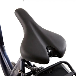 Top-down view of the comfortable black ergonomic saddle seat on the EZEGO Step NX electric bike.