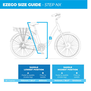 Technical size guide diagram and frame geometry chart specifically for the EZEGO Step NX electric bike.