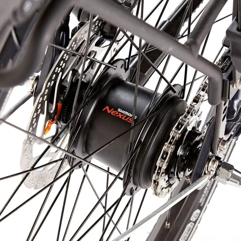 Close-up of the Shimano Nexus internal gear hub on the rear wheel of the EZEGO Step NX electric bike.