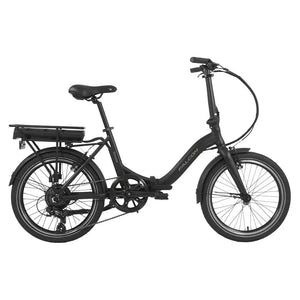Falcon Breeze low step folding electric bike 250W in black with compact frame and rear rack for urban commuting.