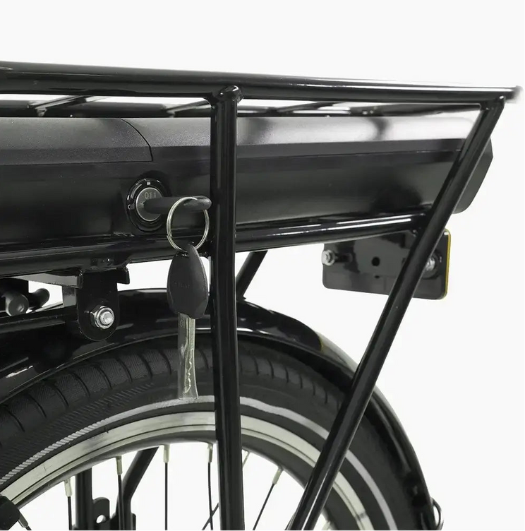 Falcon Compact electric folding bike 250W rear rack battery with key lock system, designed for secure and convenient charging.