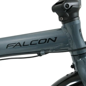 Falcon Compact electric folding bike 250W close-up of frame branding and weld finish, highlighting build quality.