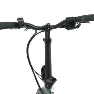 Falcon Compact electric folding bike 250W handlebar cockpit view showing grips, controls, and upright riding position.