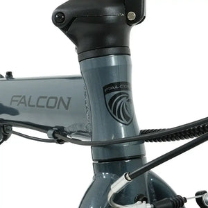 Falcon Compact electric folding bike 250W head tube detail showing internal cable routing and front frame construction.