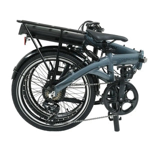 Falcon Compact electric folding bike 250W folded view showing rear rack, drivetrain, and compact folding mechanism.