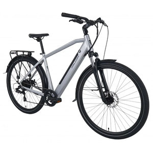 Angled view of the Falcon Horizon crossbar electric bike in silver, 