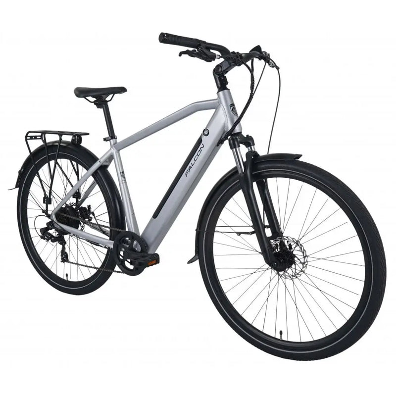 Angled view of the Falcon Horizon crossbar electric bike in silver, 