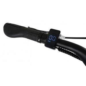 Minimalist LED display on the Falcon Horizon Crossbar electric bike handlebar showing speed and settings.