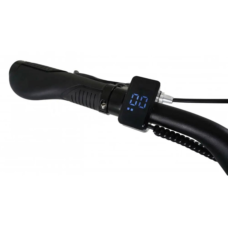Minimalist LED display on the Falcon Horizon Crossbar electric bike handlebar showing speed and settings.