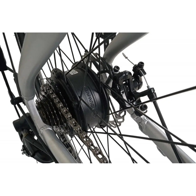 Close-up of the Bafang rear hub motor and gear system on the Falcon Horizon Crossbar electric bike.