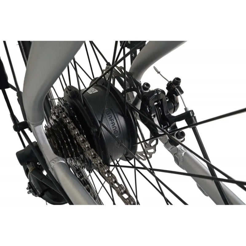 Close-up of the Bafang rear hub motor and gear system on the Falcon Horizon Crossbar electric bike.
