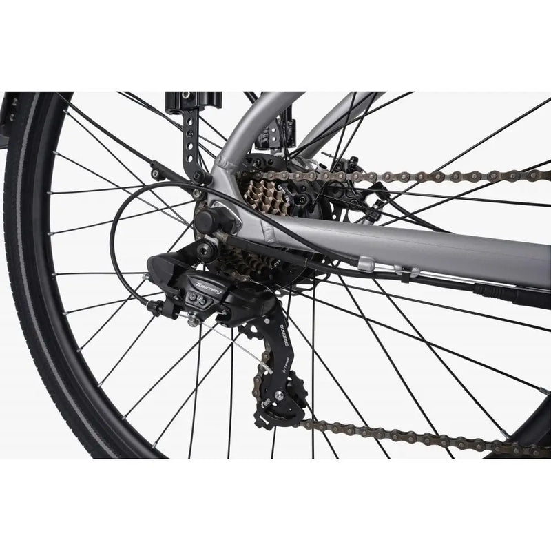 Rear gear system and chain of the Falcon Horizon Crossbar electric hybrid bike, showing drivetrain components.