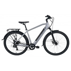 Side view of the Falcon Horizon crossbar electric bike in silver, featuring integrated battery, rear rack, and front suspension.