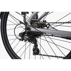Rear gear system and chain of the Falcon Horizon Low Step electric hybrid bike, showing drivetrain components.