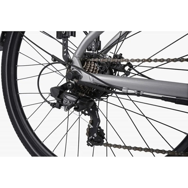Rear gear system and chain of the Falcon Horizon Low Step electric hybrid bike, showing drivetrain components.
