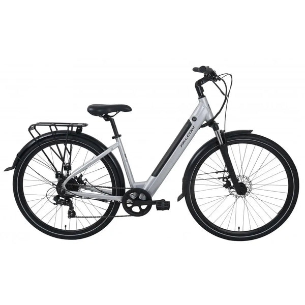 Side view of the Falcon Horizon low step electric bike in silver, featuring integrated battery, rear rack, and front suspension.