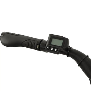 Close-up of the Falcon Liberty's handlebar control unit and ergonomic grips, showing the simple interface for adjusting power assistance levels and checking battery life.