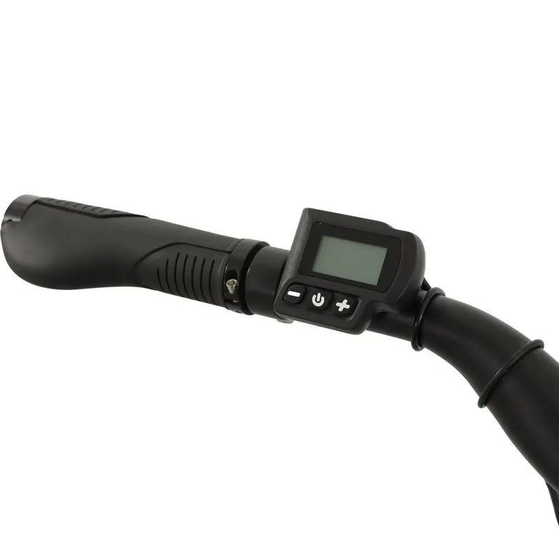 Close-up of the Falcon Liberty's handlebar control unit and ergonomic grips, showing the simple interface for adjusting power assistance levels and checking battery life.