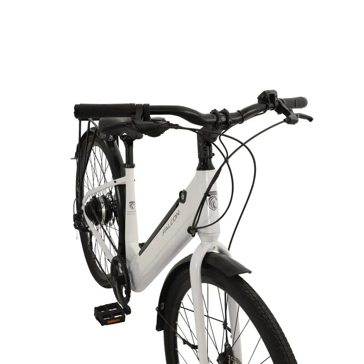 Rider's eye view of the Falcon Liberty cockpit, showing the swept-back handlebars for upright riding and the clean cable management entering the frame.