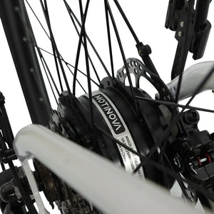 Extreme close-up of the rear hub showing the quiet Motinova electric motor branding and the disc brake rotor for consistent stopping power in wet weather.