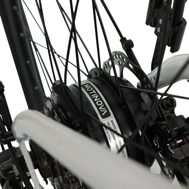Extreme close-up of the rear hub showing the quiet Motinova electric motor branding and the disc brake rotor for consistent stopping power in wet weather.