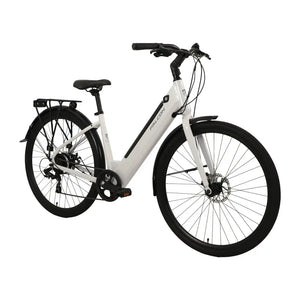 Angled view of the white Falcon Liberty Low-Step electric hybrid bike, featuring an accessible step-through frame, rear pannier rack, and mudguards for city commuting.