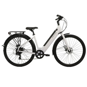 Full side profile of the white Falcon Liberty Low-Step electric hybrid bike, featuring an accessible step-through frame, rear pannier rack, and mudguards for city commuting.