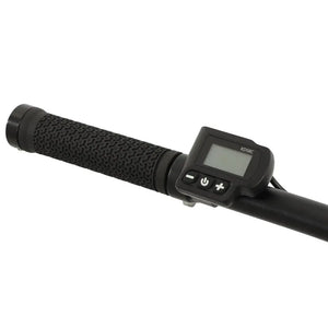 Close-up of the Falcon Turbine 250W handlebar featuring ergonomic textured grips and the LED display unit for controlling power assist levels and monitoring battery life.