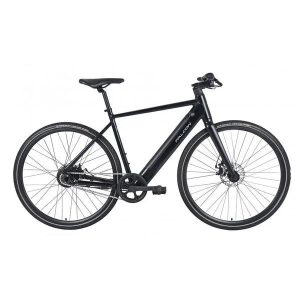 Side view of the Falcon Zone Single Speed electric hybrid bike in matte black, featuring a lightweight frame and 250W rear hub motor.
