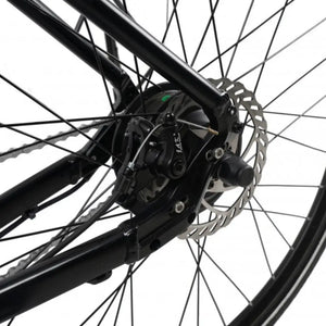 Close-up of the Falcon Zone Single Speed electric hybrid bike’s rear disc brake and wheel assembly.