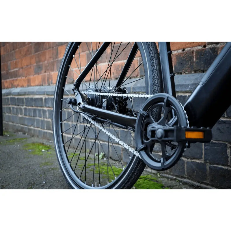 Rear drivetrain and chain system of the Falcon Zone Single Speed Electric Hybrid Bike 250W.