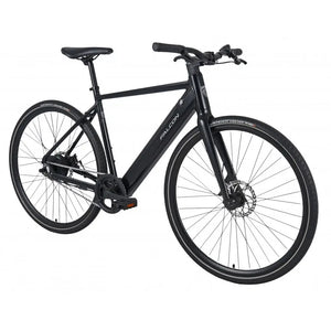 Angled view of the Falcon Zone Single Speed electric hybrid bike in matte black, featuring a lightweight frame and 250W rear hub motor.