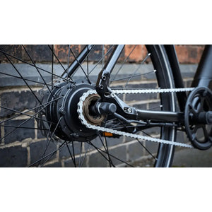 Close-up of the rear hub motor and chain of the Falcon Zone Single Speed Electric Hybrid Bike 250W.
