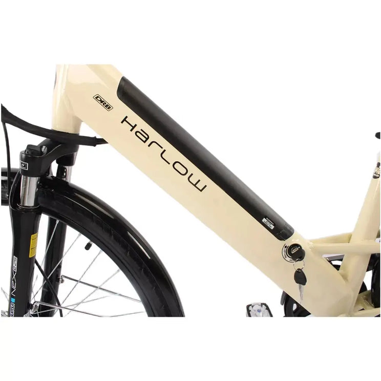 Close up of the Dallingridge Harlow V3 step through frame with integrated battery and front suspension.