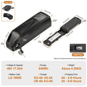 Diagram showing the Big Game Bikes Hailong 48V 17.5Ah eBike battery dimensions and key specs like 840Wh energy, LG 18650 cells, and 4.25KG weight.