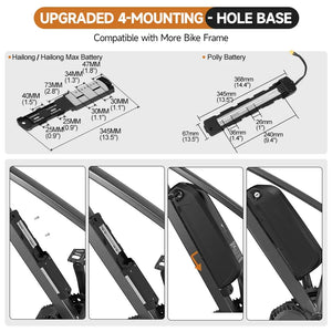Diagram showing the dimensions of the upgraded 4-mounting hole base for Hailong and Polly eBike batteries, compatible with most bike frames.