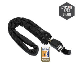 Close-up of the Hiplok Home Gold chain lock securing multiple bikes together, with a 
