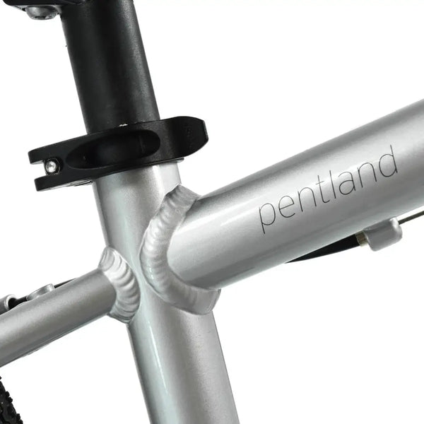 Close-up of the smooth weld on the silver aluminium frame of the HOY Pentland 20-inch kids' bike.