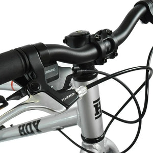 Shimano shifter and Tektro brake lever on the Titanium Silver HOY Pentland 20-inch